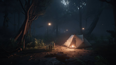 Camping in the forest at night. Tourist tent in the forest, Generative AIの素材