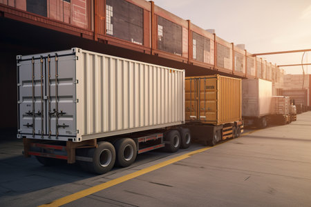 Cargo container on the road at sunset, freight transportation concept. Generative AIの写真素材
