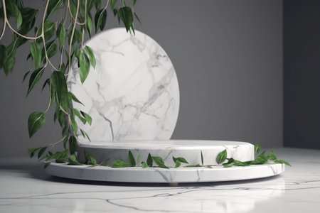 Minimal scene with marble podium and green leaves. Generative AIの写真素材