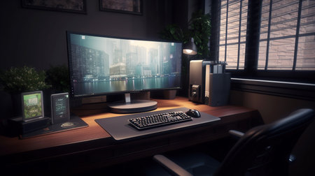 Computer monitor and keyboard on a desk in the office. Generative AIの写真素材