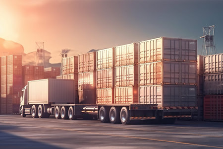 Cargo transportation and import-export commercial logistic concept - container truck with freight...