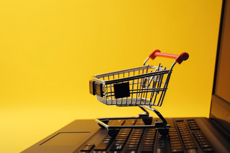 Shopping cart on a laptop keyboard on yellow background. Online shopping concept, Generative AIの写真素材