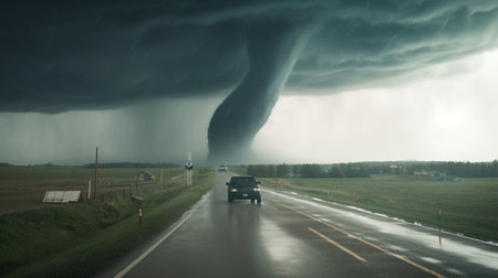 Prairie Storm Clouds ominous weather rural highway, Generative AIの素材