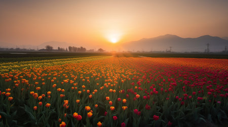 Tulip field at sunset, Generative AIの素材
