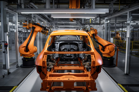 Automatic assembly line of the car body. Assembly line of the car factory. Industrial background. Generative AIの素材