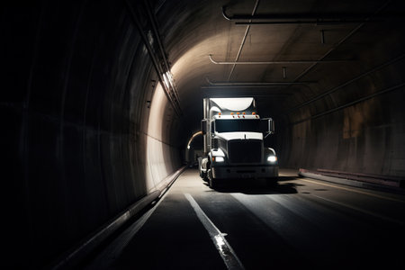 Modern powerful powerful big rig semi truck with glowing headlights driving on the road in dark tunnel at night. Industrial concept. Generative AIの素材