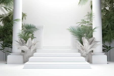 Generative AI, white marble stairs with palm trees in the white roomの素材