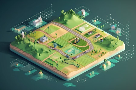 Farm concept isometric composition with village, road, trees and houses on green background, Generative AIの素材
