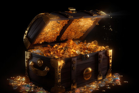 Treasure chest full of gold on a black background. Generative AIの素材