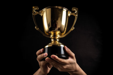 Close up of human hands holding golden trophy cup on black background with copy space, Generative AIの素材