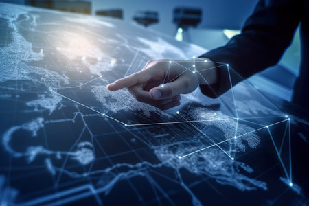 Businesswoman touching virtual screen with world map on dark background. Generative AIの素材