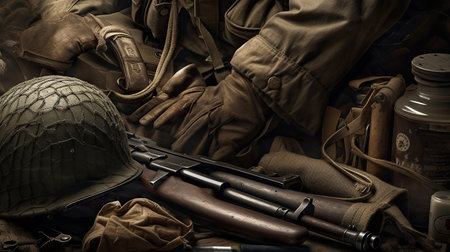 Close-up of a machine gun and other military equipment on the table, Generative AIの素材