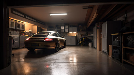 Car in garage at night with lights on. Car in garage. Generative AIの素材