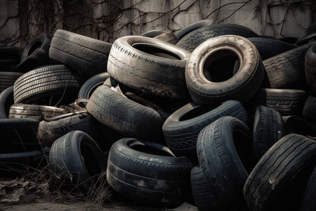 A pile of old used car tires in a junkyard. Generative AIの素材