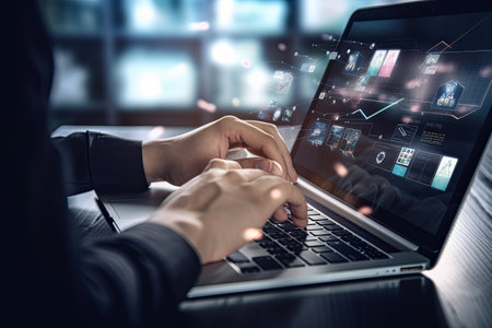 Close up of businessman hands using laptop with digital business interface on screen, Generative AIの素材