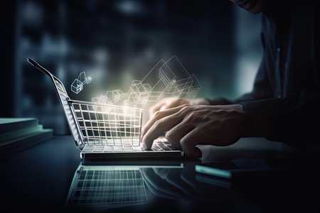 Close up of businessman hands using laptop with shopping cart on screen. Generative AIの素材