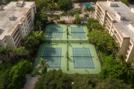 Tennis court in the city. Aerial view of tennis court. Generative AIの素材