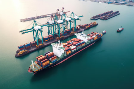 Container Cargo freight ship with working crane bridge for Logistic Import Export background. Generative AIの素材