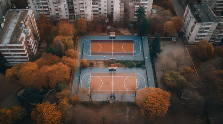 Basketball court in the city. Aerial view of basketball court in the city. Generative AIの素材
