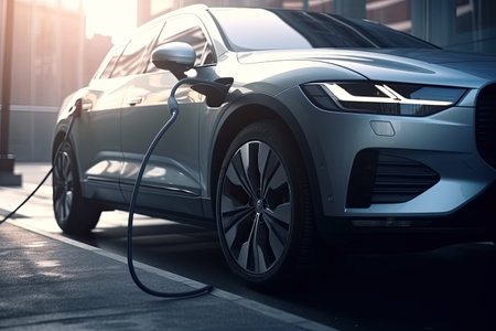 Electric car being charged at a charging station. Generative AIの素材