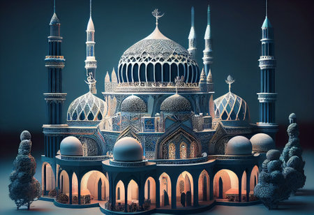 Ramadan Kareem background with mosque and lanterns. Generative AIの素材