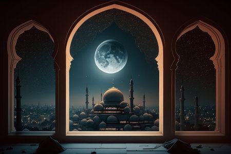 Generative AI of mosque window at night with moon in the skyの素材