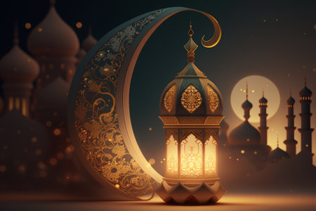 Ramadan Kareem background with golden lanterns and crescent moon, Generative AIの素材