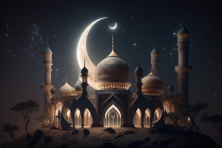 Ramadan Kareem background with mosque, crescent moon and stars, Generative AIの素材
