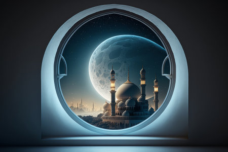 View of the mosque through the window in the moonlight. Generative AIの素材