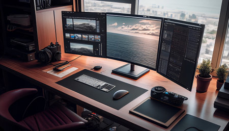 Photographer's workplace with computer, Generative AIの素材