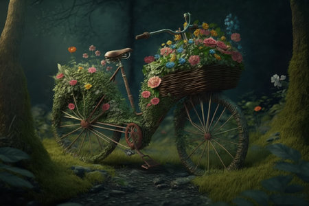 Bicycle with a basket of flowers in the forest. Generative AIの素材