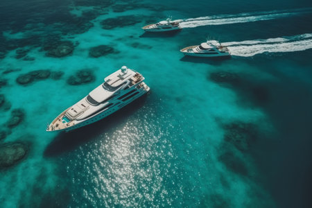 Aerial view of luxury yachts in turquoise water, Generative AIの素材