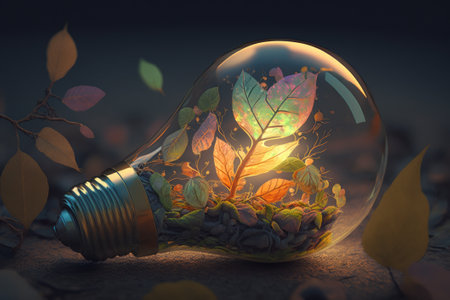 Glowing light bulb with leaves inside. Conceptual image. Generative AIの素材