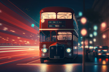 Red double decker bus on the street at night. Generative AIの素材
