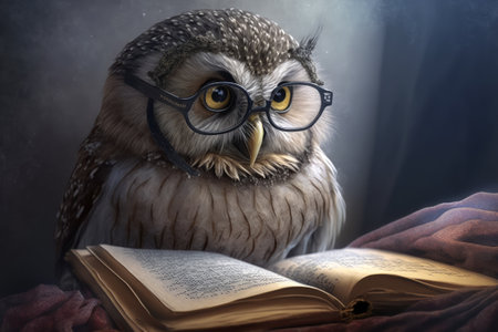 Owl with eyeglasses and a book on a dark background, Generative AIの素材