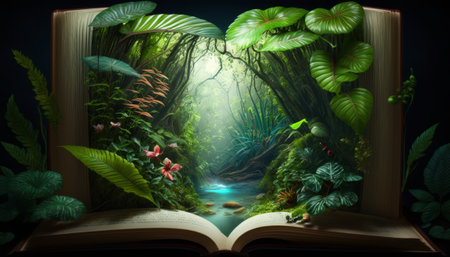 Open book in the jungle with exotic plants and river. Generative AIの素材
