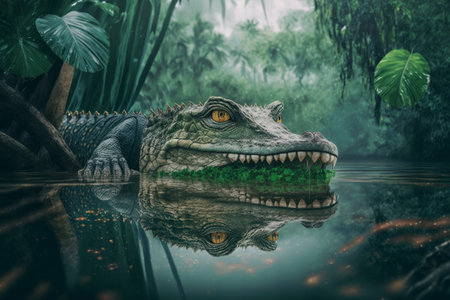 Crocodile in the pond. Generative AIの素材