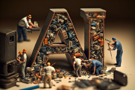 Miniature people repairing the letter AI. Repair and construction concept. Generative AIの素材
