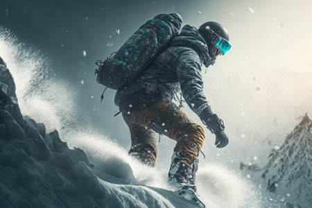 Snowboarder in helmet and goggles riding on snowy mountain slope. Generative AIの素材