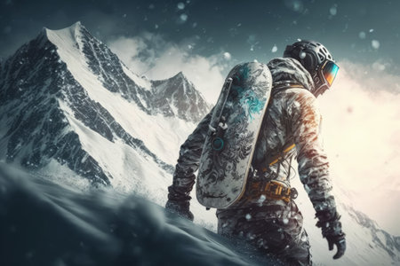 Snowboarder standing in front of the mountains. Generative AIの素材