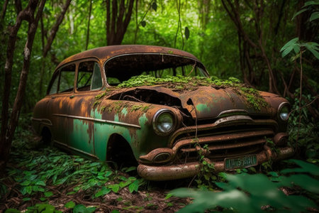 Abandoned car in the jungle, Generative AIの素材