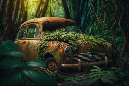Old rusty car in the jungle. Generative AIの素材