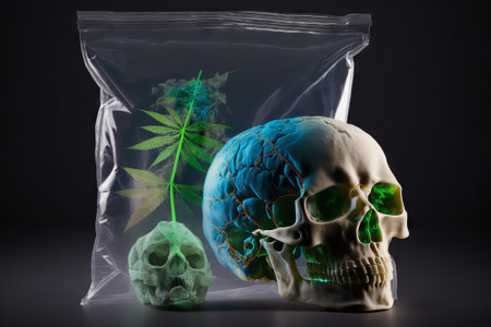 Human skull and cannabis leaf in plastic bag on dark background, medical marijuana concept, Generative AIの素材