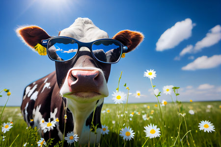Cute cow in sunglasses on the meadow with daisies, Generative AIの素材
