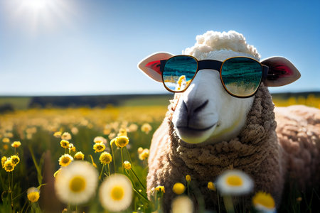 Sheep in sunglasses on the field of daisies and blue sky, Generative AIの素材