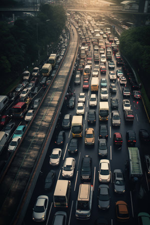 Traffic jam on the road in Bangkok, Thailand. Traffic jam concept. Generative AIの素材
