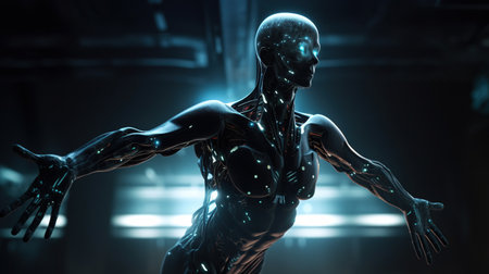 Generative AI of a female robot isolated on a dark background.の素材