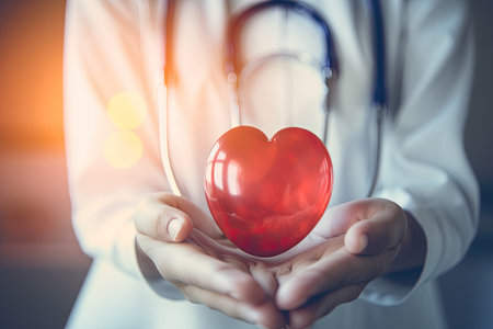 Doctor holding red heart in her hands. Healthcare and medical concept. Generative AIの素材