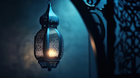 Lantern in dark room. Ramadan Kareem concept. Generative AIの素材