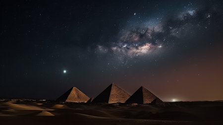 Night view of the Pyramids of Giza and the Milky Way, Generative AIの素材